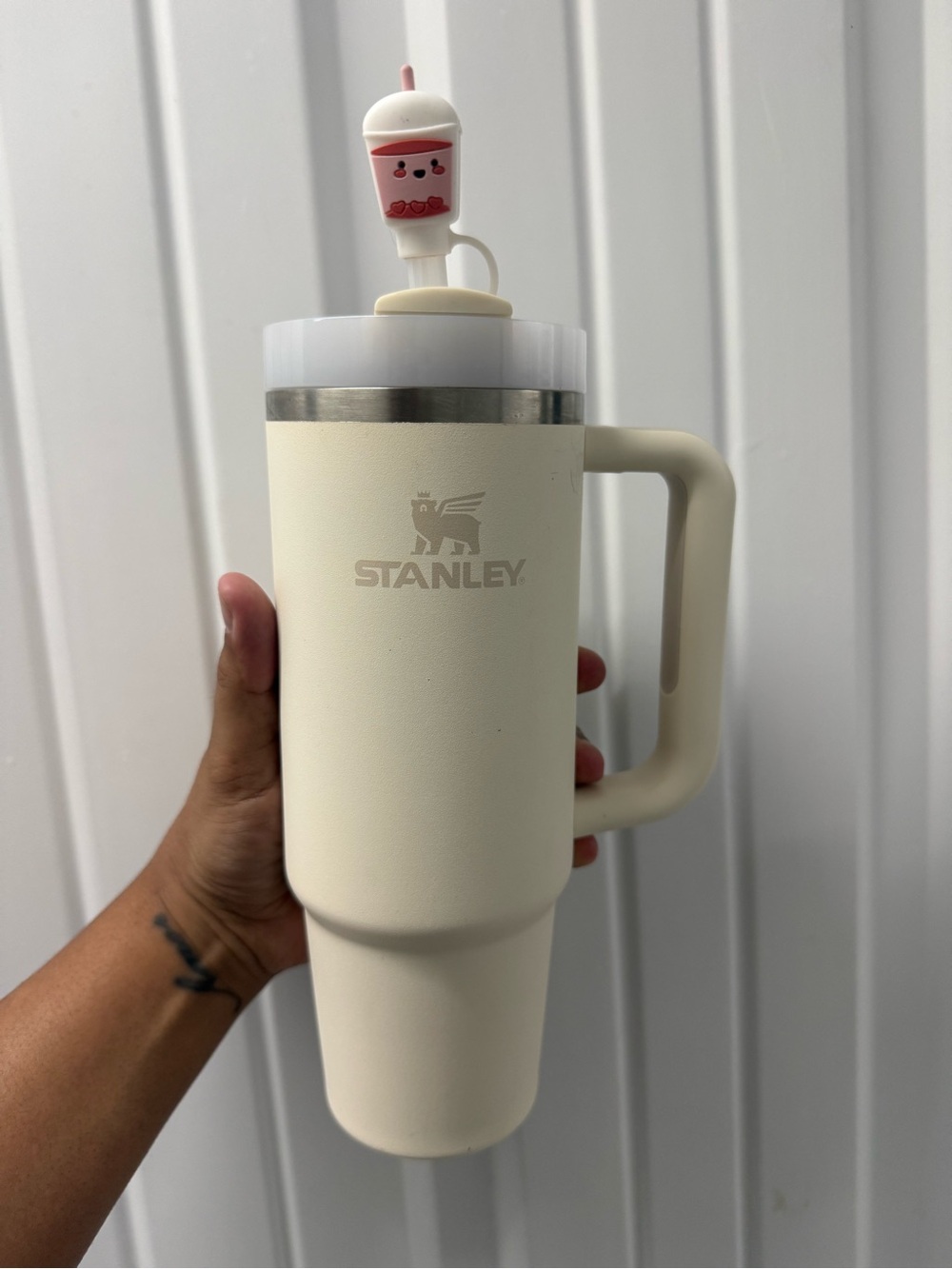 Cream Stanley cup with boba straw topper
